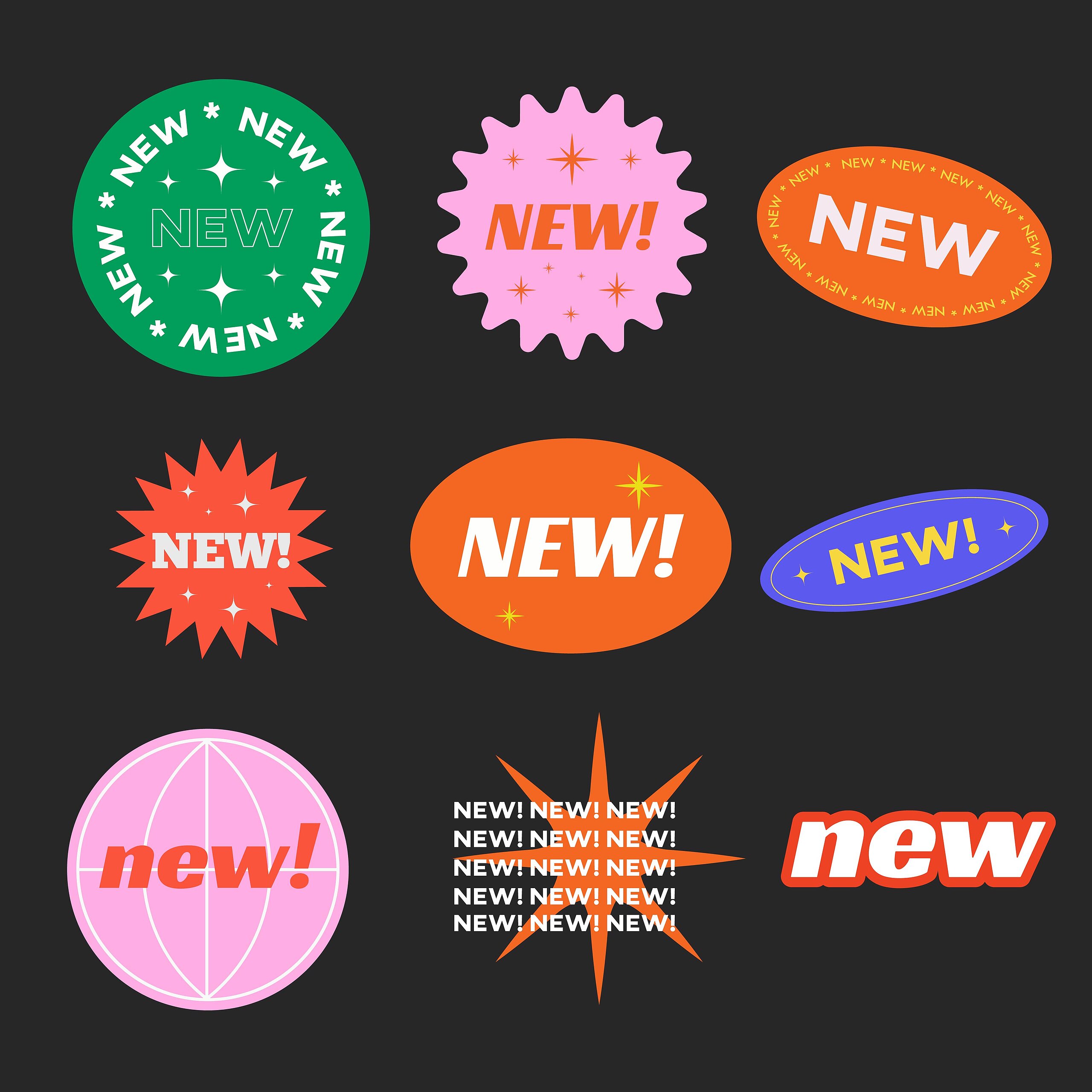 Verschiedene bunte Sticker mit dem Schriftzug „NEW!“ in unterschiedlichen Formen, Farben und Designs auf dunklem Hintergrund.