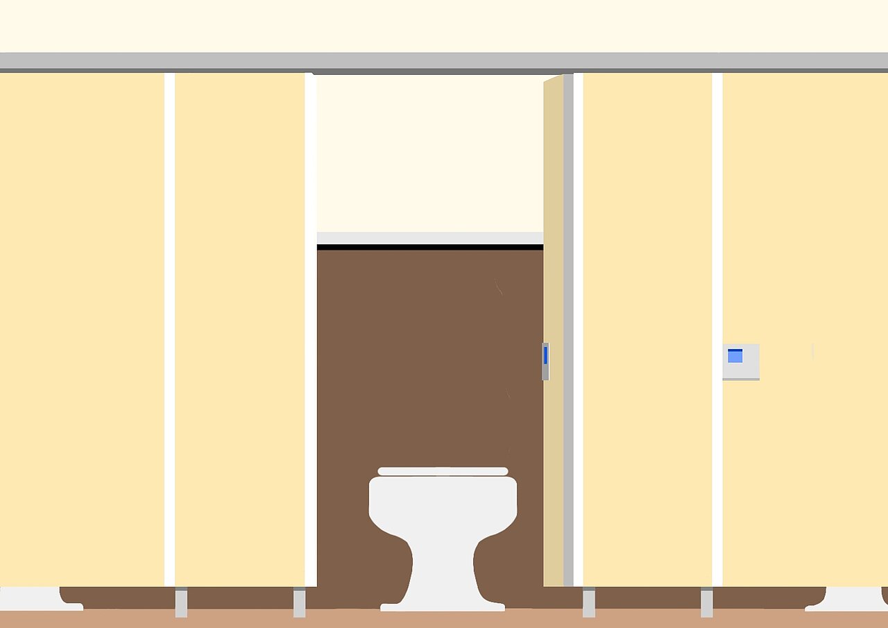 Illustration einer offenen WC-Kabine mit Blick auf die Toilette und die Kabinenwände – typisches Umfeld, in dem Toilettenplakate als Werbefläche platziert werden können.