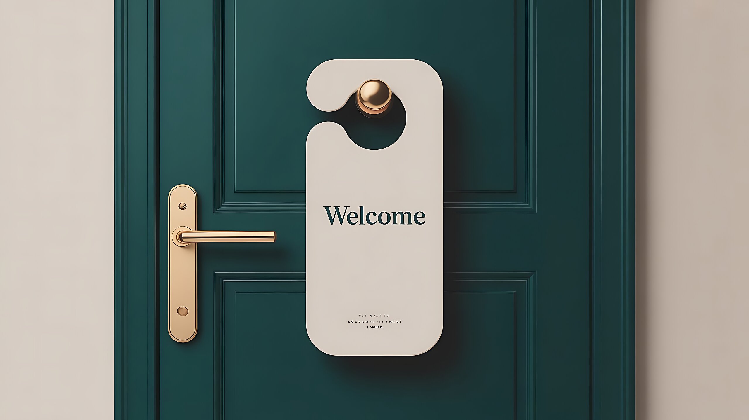 Türanhänger mit der Aufschrift „Welcome“ an einem goldenen Türgriff einer dunkelgrünen Hotelzimmertür.