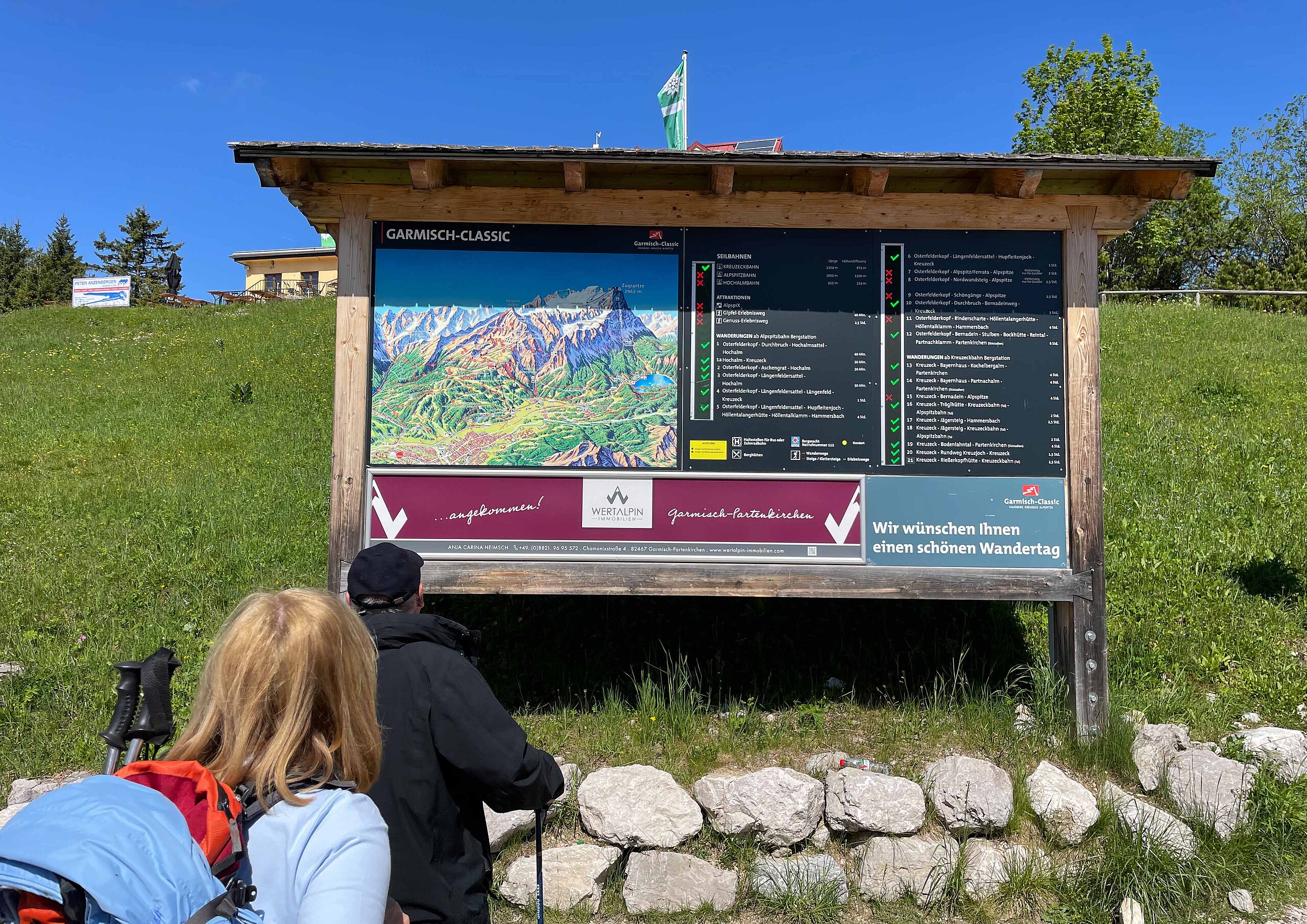 Werbung auf der Panoramatafel an einer Bergbahnstation mit Blick auf Wanderkarten und Informationen.