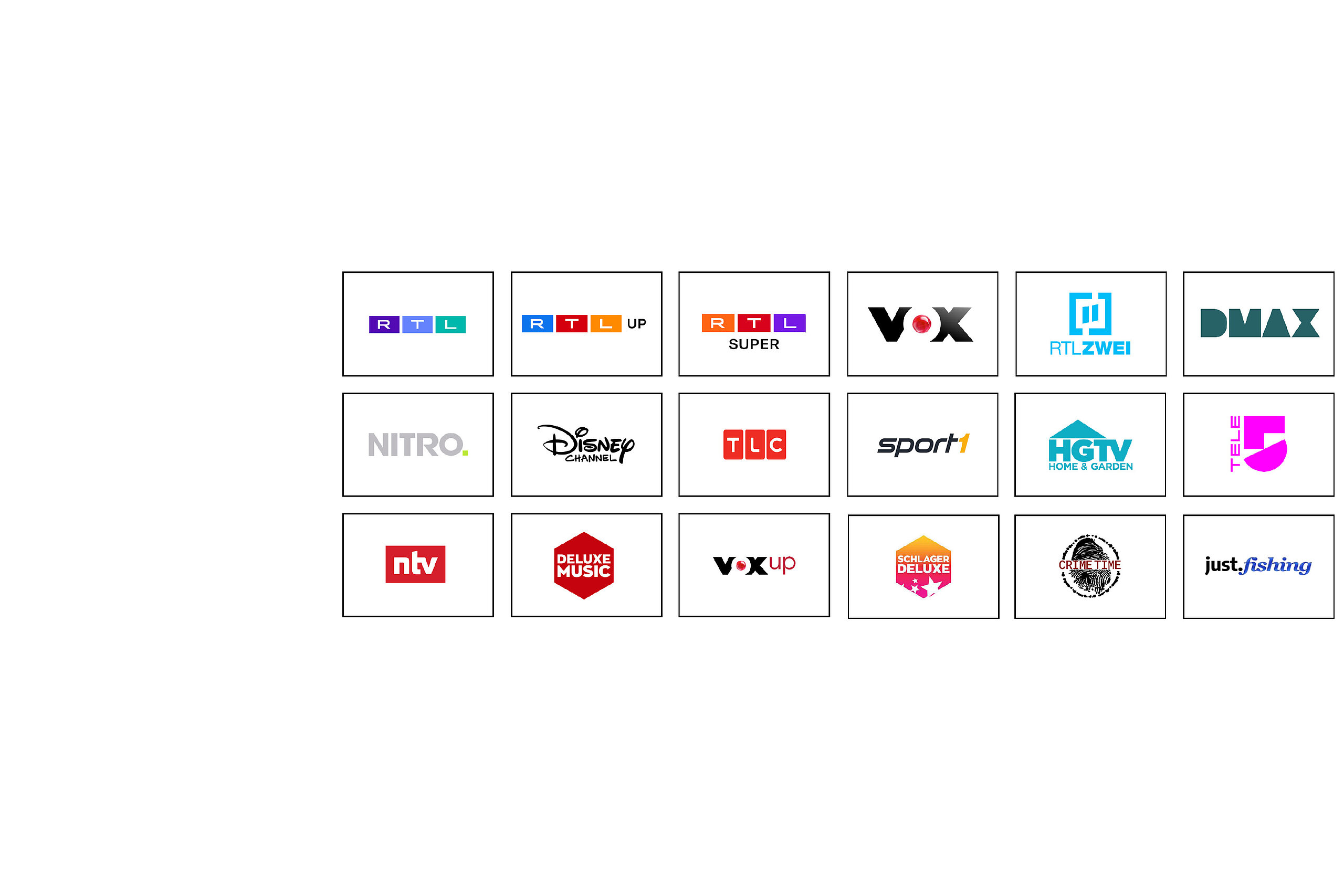 Screenshot mit Logos aller TV-Sender, die Addressable TV unterstützen, darunter RTL, RTLup, RTL Super, VOX, RTLZWEI, DMAX, NITRO, Disney Channel, TLC, Sport1, HGTV, Tele 5, ntv, Deluxe Music, VOXup, Schlager Deluxe, Crime Time und just.fishing.