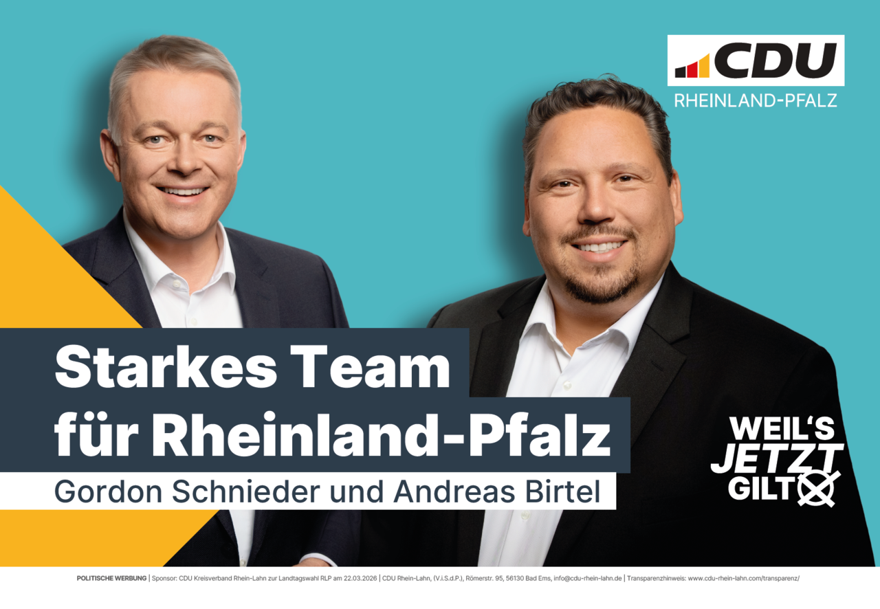 Wahlkampagne-Plakat der CDU: Zwei Männer im Anzug. Überschrift: "Starkes Team für Rheinland-Pfalz."