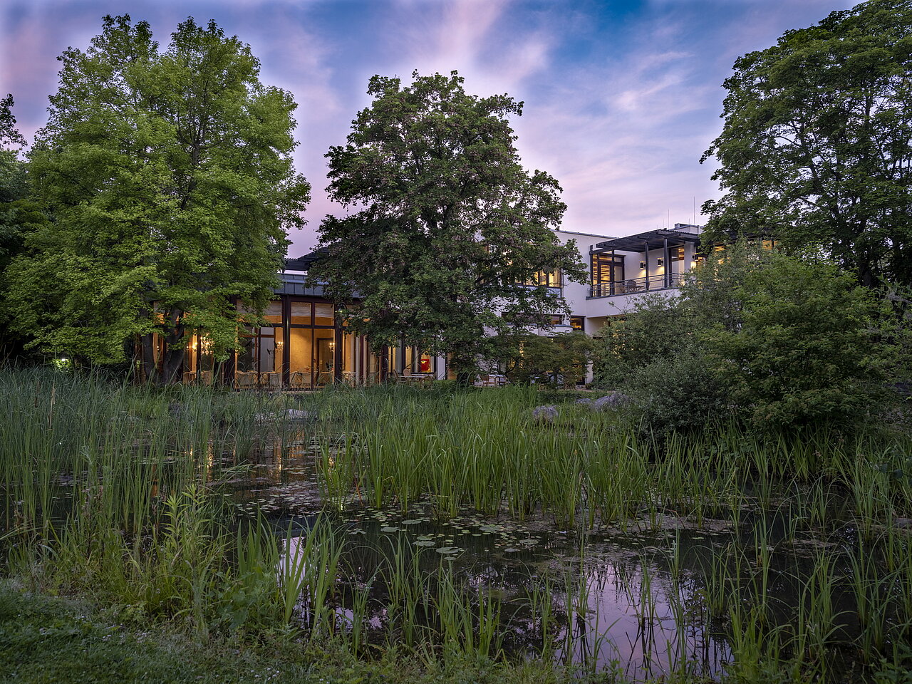 Blick über den Teich auf das Firmengebäude von Plakat-verkauft.de, umgeben von Bäumen und Pflanzen