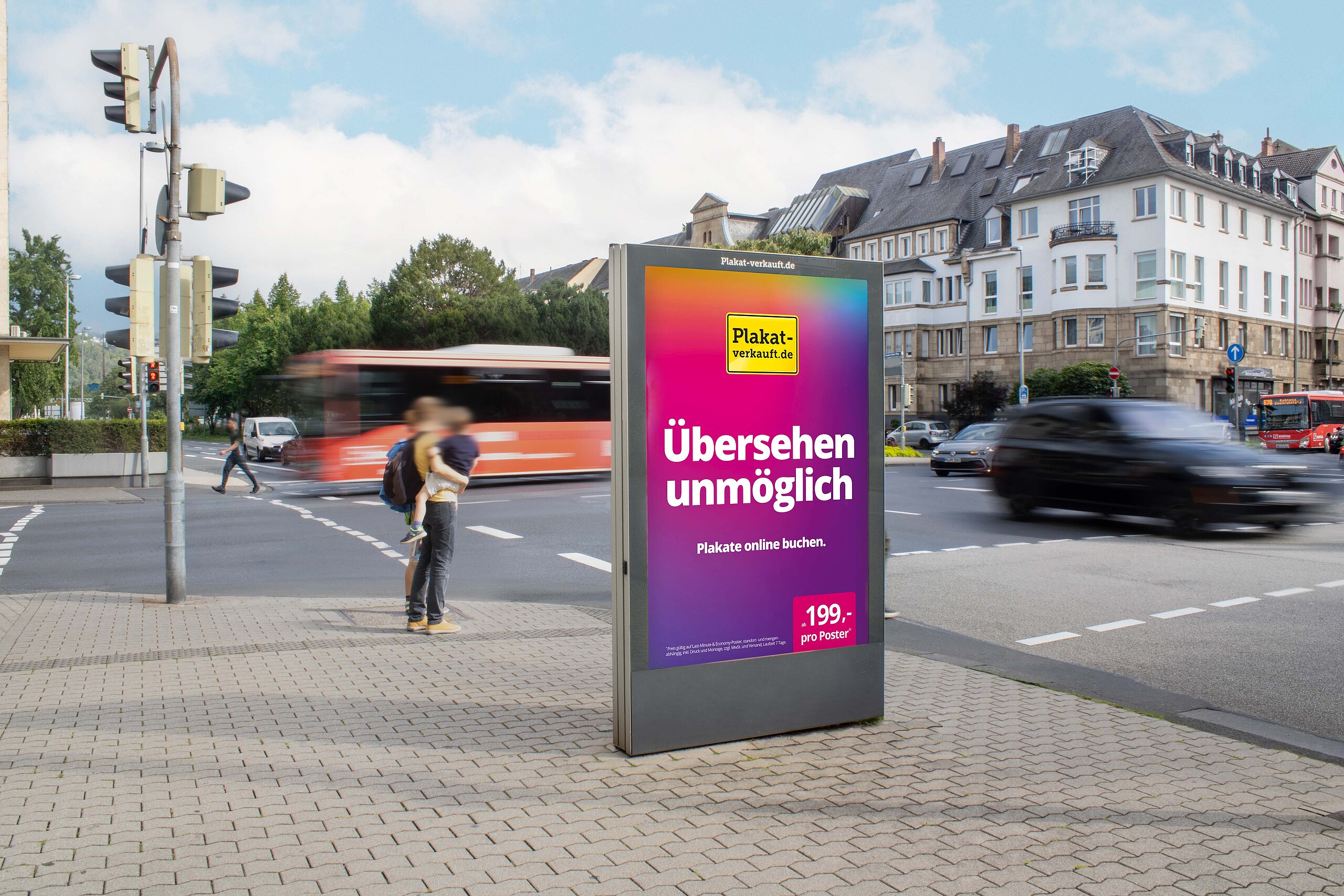 Plakat mit Aufschrift „Übersehen unmöglich“ für Citylight-Poster zur Plakatwerbung, ideal für hohe Reichweite und gezielte Ansprache im urbanen Raum.