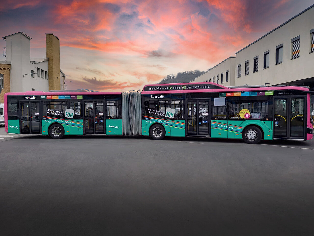 Buswerbung von FOM: Ganzwerbung eines Busses für die Hochschule FOM in Koblenz, gestaltet mit leuchtenden Farben und aufmerksamkeitsstarkem Design.