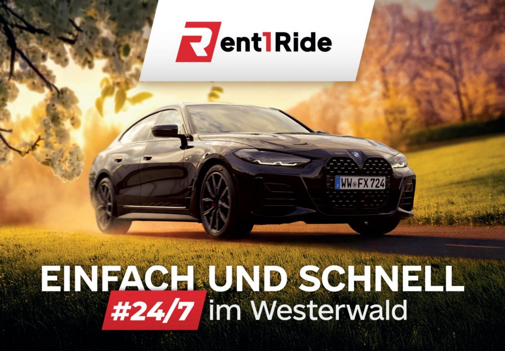 Plakatmotiv über einen Mietwagenservice, der rund um die Uhr im Westerwald verfügbar ist.