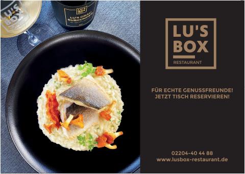 Plakatmotiv des Restaurants LU’S BOX mit edlem Fischgericht auf Risotto. Slogan: 'Für echte Genussfreunde'. Aufruf zur Tischreservierung mit Kontaktdaten.
