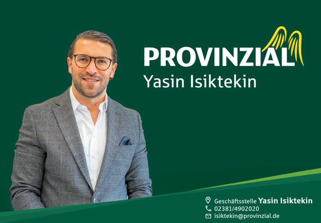 Plakatmotiv der Provinzial Versicherung mit Ansprechpartner Yasin Isiktekın. Kontaktdaten und Porträtfoto auf grünem Hintergrund.
