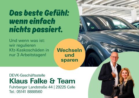 Plakatmotiv der DEVK-Geschäftsstelle Klaus Falke & Team in Celle. Botschaft: schnelle Regulierung von Kfz-Schäden in 3 Tagen. Kontaktdaten und Wechselangebot sichtbar.
